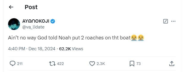 Post ayanokoji va_lidate ain't no way god told noah put 2 roaches on tht boat 4.