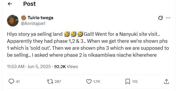 Post tuirio twega annitajoel hiyo story ya selling land 49 gail! went for a nany