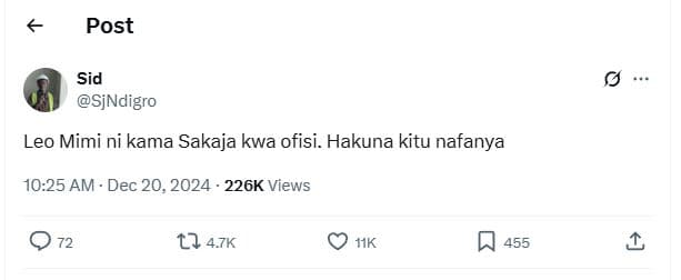 Post sid sjndigro leo mimi ni kama sakaja kwa ofisi. hakuna kitu nafanya 10.25 a