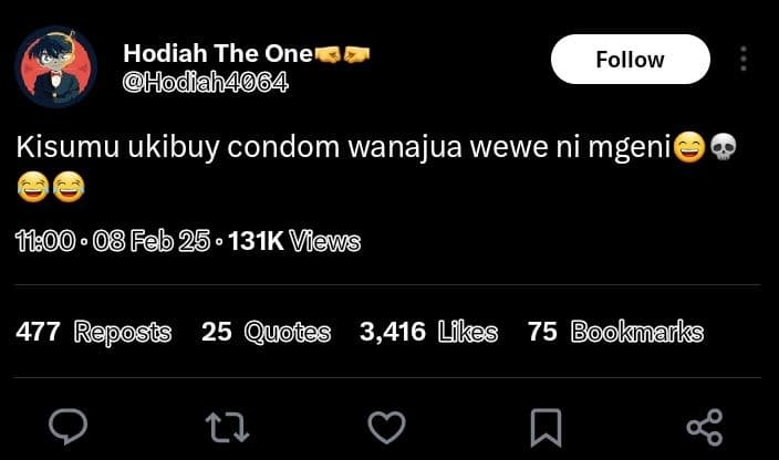 Hodiah the one hodiah4064 follow kisumu ukibuy condom wanajua wewe ni mgeni 1l.0