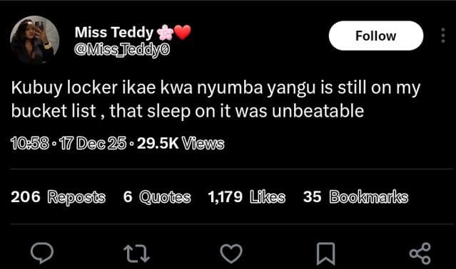 Miss teddy missjec follow kubuy locker ikae kwa nyumba yangu is still on my buck