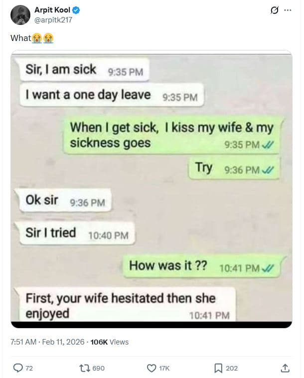 Arpit kool arpitk217 what sir am sick 9.35 pm want a one day leave 9.35 pm when