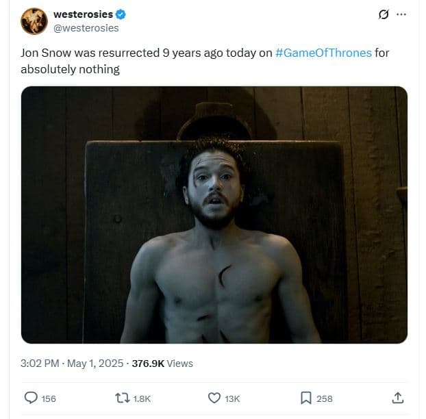 Westerosies westerosies jon snow was resurrected 9 years ago today on gameofthro