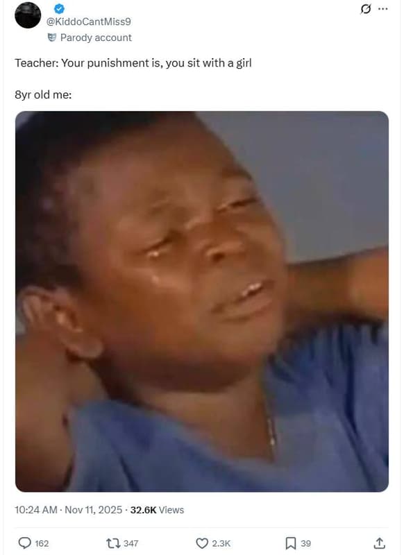 Kiddocantmiss9 parody account teacher your punishment is, you sit with a girl by