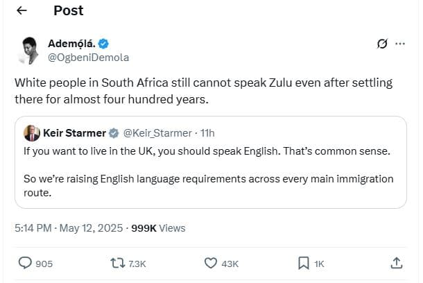 Post ademólá ogbenidemola white people in south africa still cannot speak zulu e