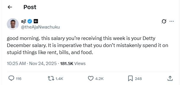 Post aj! theajanwachuku good morning. this salary you're receiving this week is