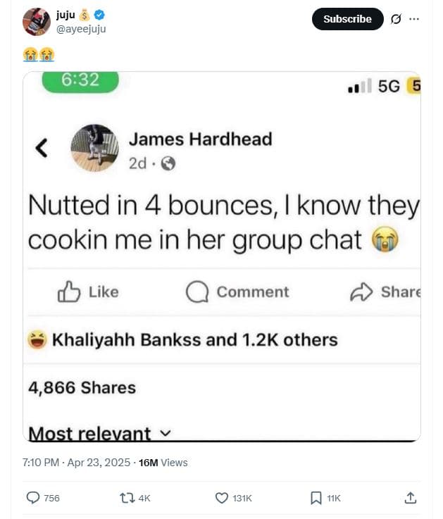 Juju ayeejuju subscribe fèfà 632 5g james hardhead 2d nutted in 4 bounces , know