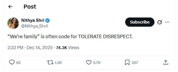 Post nithya shri nithya_shrii subscribe we re family is often code for tolerate