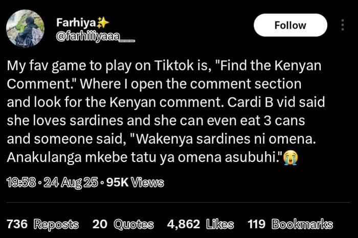 Farhiya farhidiy follow my fav game to play on tiktok is, find the kenyan commen