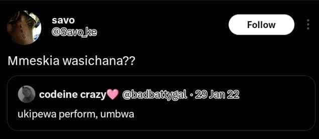 Savo avoke follow mmeskia wasichana?? codeine crazy dbagiygal 29jan22 ukipewa pe