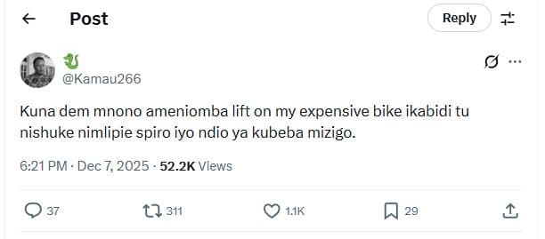Post reply kamau266 kuna dem mnono ameniomba lift on my expensive bike ikabidi t