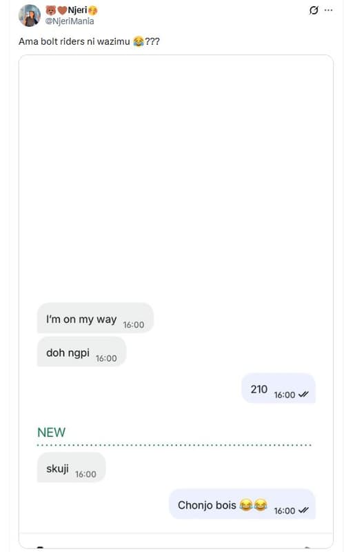 Njeri njerimania ama bolt riders ni wazimu ??? im on my way 1600 doh ngpi 16.00