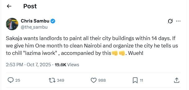 Post chris sambu the_sambu sakaja wants landlords to paint all their city buildi
