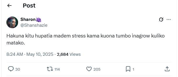 Post sharon shanshazie hakuna kitu hupatia madem stress kama kuona tumbo inagrow