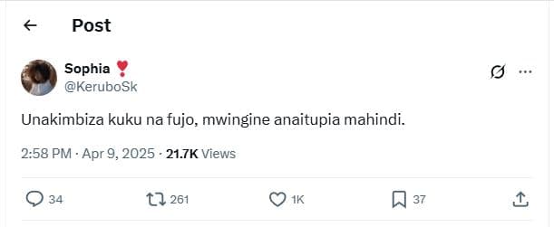 Post sophia kerubosk unakimbiza kuku na fujo, mwingine anaitupia mahindi. 2.58 p