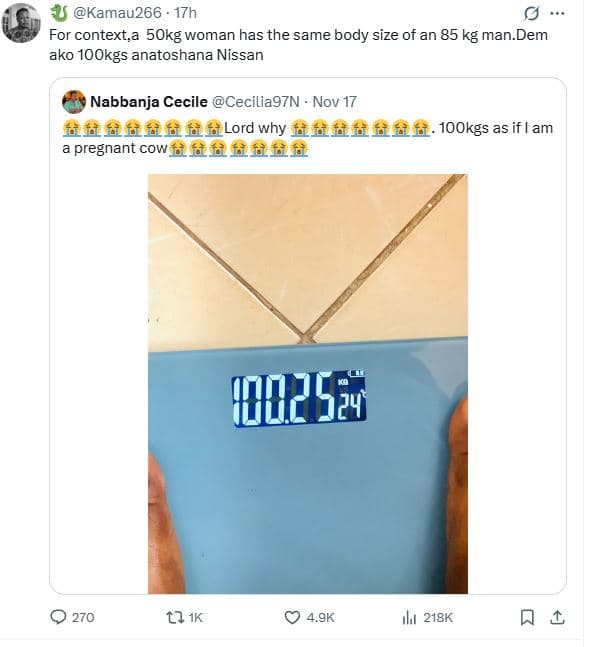 Kamau266 17h for context,a 5okg woman has the same body size of an 85 kg man dem