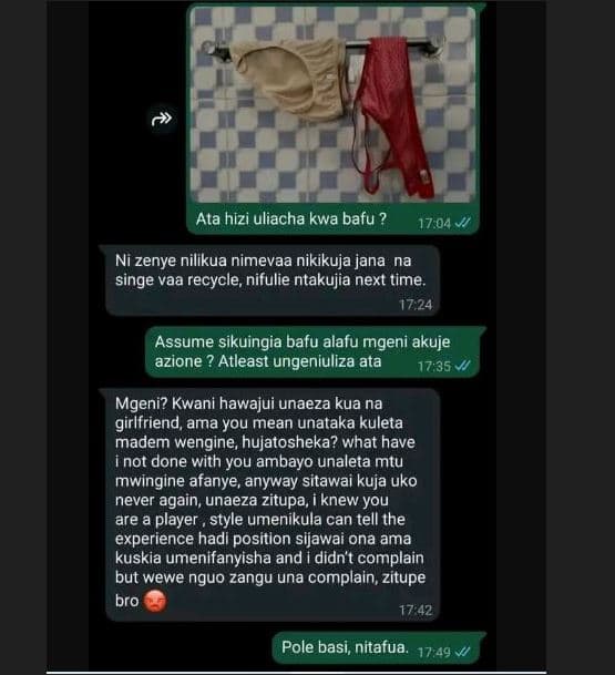 Ata hizi uliacha kwa bafu 17.04 ni zenye nilikua nimevaa nikikuja jana singe vaa