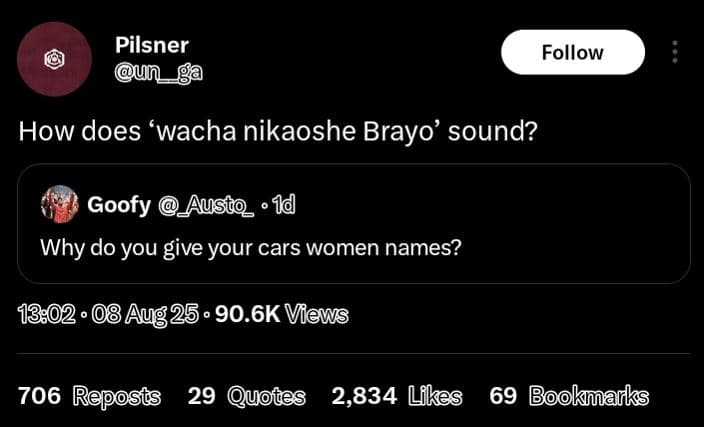 Pilsner un follow how does 'wacha nikaoshe brayo' sound? goofy austo 1 why do yo