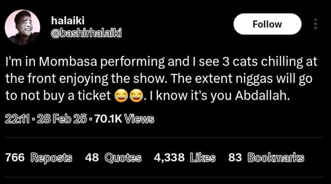 Halaiki bashinhalaiki follow im in mombasa performing and i see 3 cats chilling