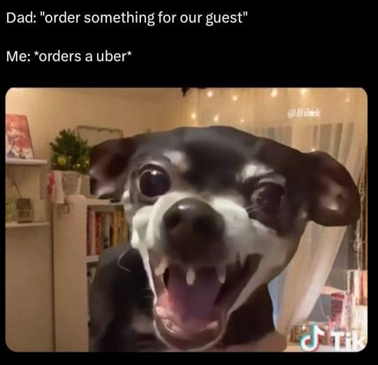 Dad order something for our guest me orders a uber bik ju