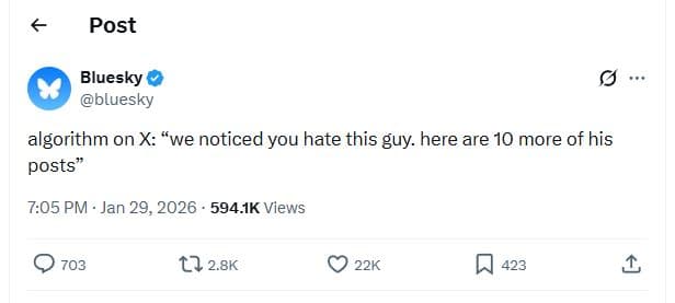 Post bluesky bluesky algorithm on x we noticed you hate this guy. here are 10 mo
