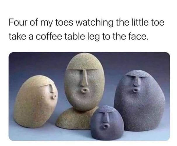 Four of my toes watching the little toe take a coffee table leg to the face.