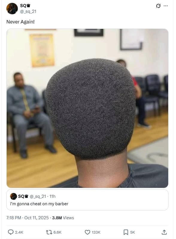 Sq _sq_21 never again! sqp _sq_21 i1h im gonna cheat on my barber 718 pm oct 11,