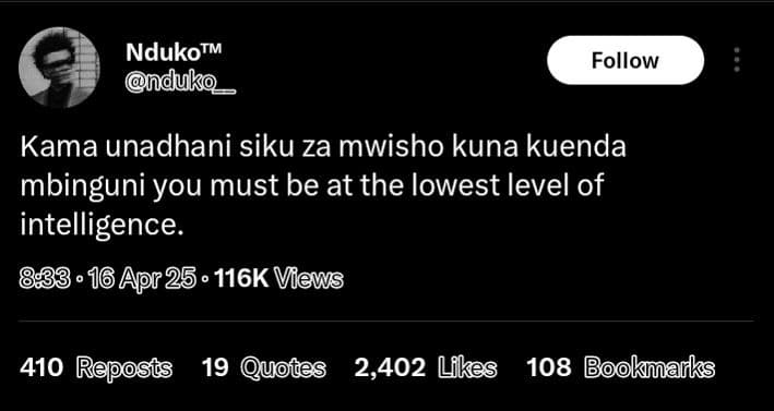 Ndukotm nduko follow kama unadhani siku za mwisho kuna kuenda mbinguni you must
