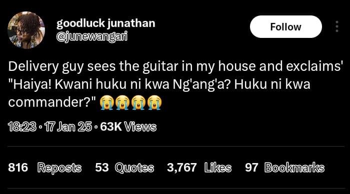 Goodluck junathan junewangari follow delivery guy sees the guitar in my house an