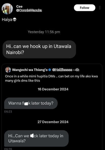 Cee conniewlacuka follow haiya yesterday 11.56 pm hi.can we hook up in utawala n