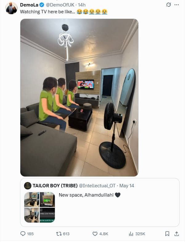 Demola demoofuk 14h watching tv here be like_ fff tailor boy tribe intellectual_