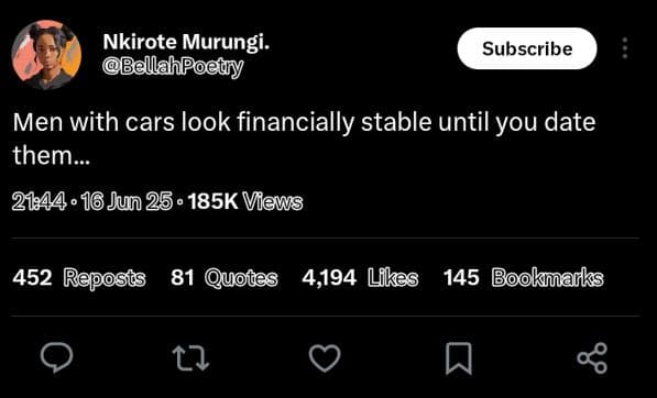 Nkirote murungi. bellahpoedry subscribe men with cars look financially stable un