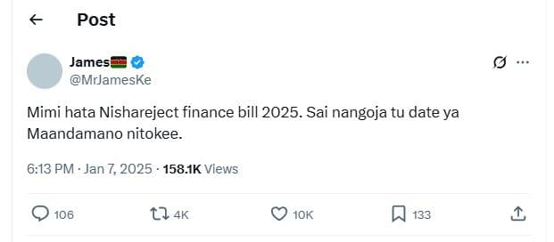 Post james mrjameske mimi hata nishareject finance bill . sai nangoja tu date ya