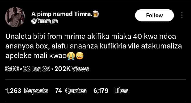 A pimp named timra otula follow unaleta bibi from mrima akifika miaka 40 kwa ndo