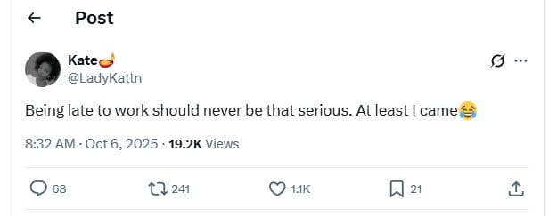 Post kate ladykatln being late to work should never be that serious. at least ca