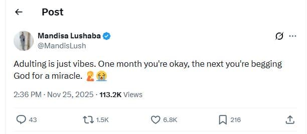 Post mandisa lushaba mandislush adulting is just vibes. one month you're okay th