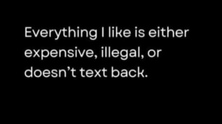 Everything i like is either expensive illegal, or doesn't text back.