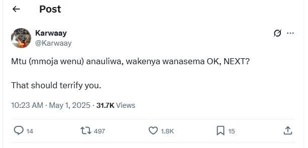 Post karwaay karwaay mtu mmoja wenu anauliwa wakenya wanasema ok next? that shou