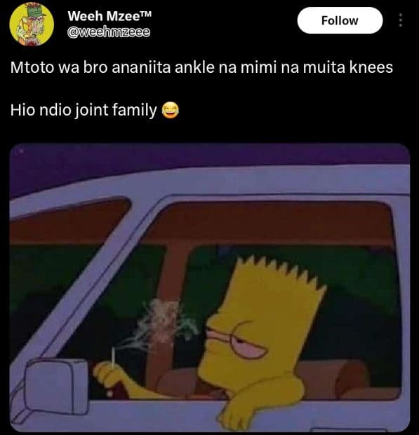 Weeh mzeetm waehmzeee follow mtoto wa bro ananiita ankle na mimi na muita knees