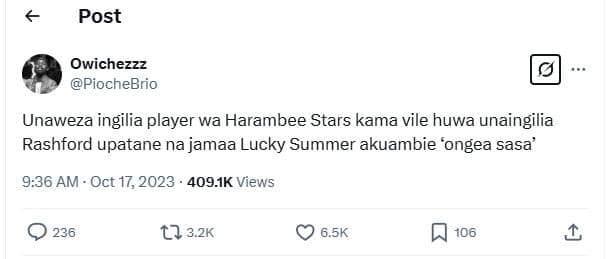 Post owichezzz piochebrio unaweza ingilia player wa harambee stars kama vile huw