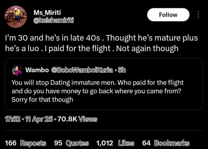 Ms miriti keishamuirid follow im 30 and he's in late 4os . thought he's mature p