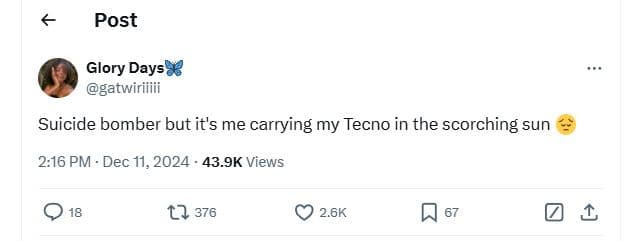 Post glory days6 gatwiriiiii suicide bomber but it's me carrying my tecno in the