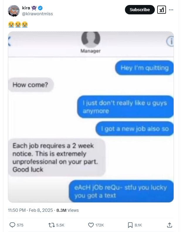 Kira '0' kirawontmiss subscribe fff vanaoer hey ym quntting how come? just don r