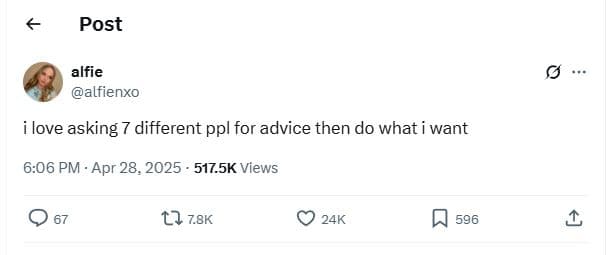 Post alfie alfienxo love asking 7 different ppl for advice then do what want 6.0