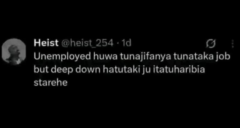 Heist heist_254 1d unemployed huwa tunajifanya tunataka job but deep down hatuta