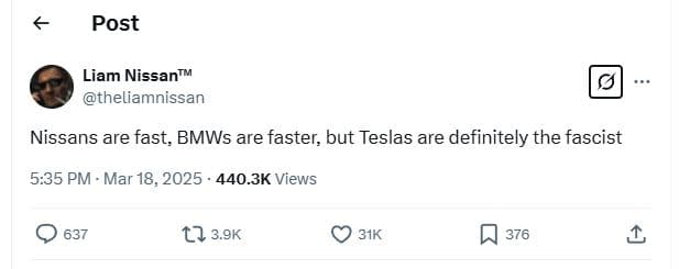 Post liam nissantu theliamnissan nissans are fast, bmws are faster but teslas ar