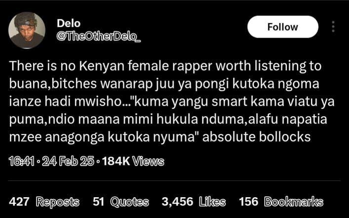 Delo theoderdelo follow there is no kenyan female rapper worth listening to buan