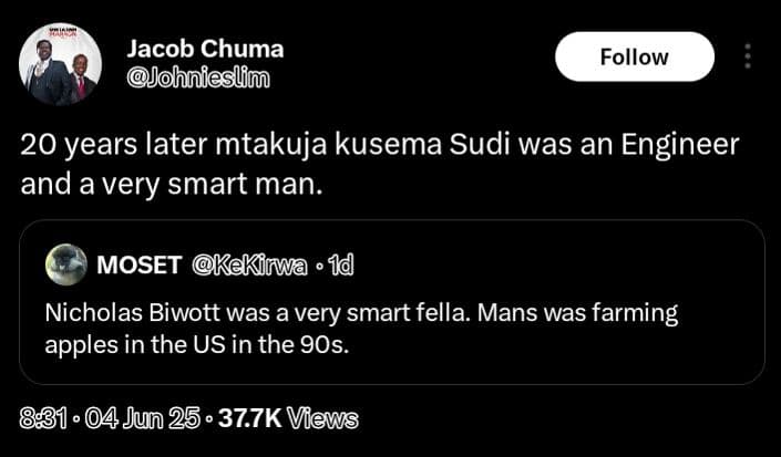 Jacob chuma johnieslim follow 20 years later mtakuja kusema sudi was an engineer