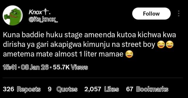 Knox . ts_kox follow kuna baddie huku stage ameenda kutoa kichwa kwa dirisha ya