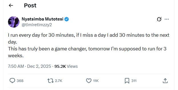 Post nyatsimba mutotesi timiretimzzy2 run every day for 30 minutes if miss day a